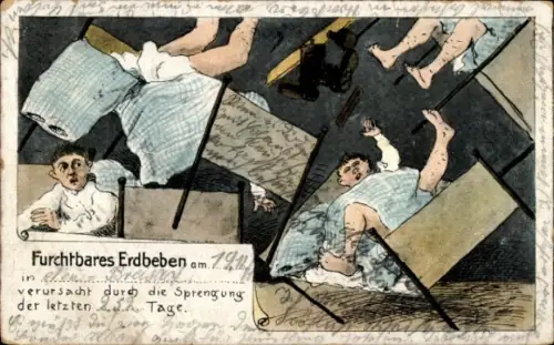 Ak Soldaten fallen aus ihren Betten, Furchtbares Erdbeben durch die Sprengung der letzten ... Tage