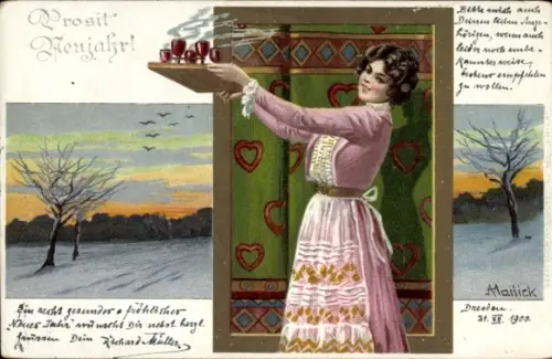 Künstler Litho Mailick, Fröhliches Neujahr, Frau mit Serviertablett, Punschgläser