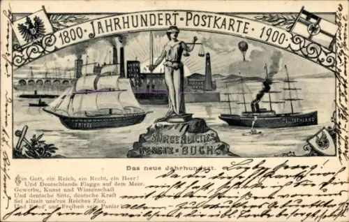 Ak Jahrhundert-Postkarte 1800 1900, Das neue Jahrhundert, Gedicht, Bürgerliches Gesetzbuch