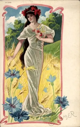 Jugendstil Litho Sommer, Frau auf einem Getreidefeld, Kornblumen