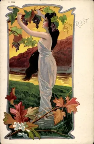 Jugendstil Litho Allegorie Herbst, Weinreben