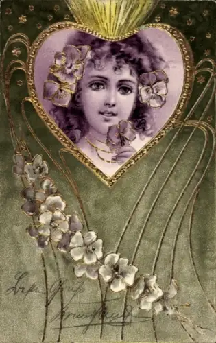 Jugendstil Präge Litho Portrait einer jungen Frau, Blumen, Herz