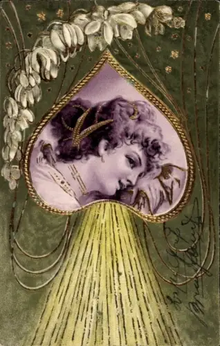 Jugendstil Präge Litho Portrait einer Frau mit Kopfschmuck, Blumen, Herz