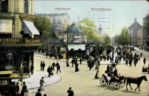 Ak Hannover, Georgstraße, Café Schmidt, Café Kröpcke, Kutsche