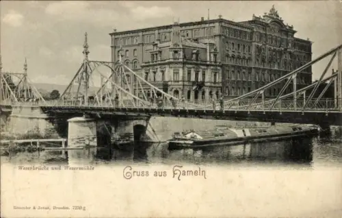 Ak Hameln an der Weser Niedersachsen, Eisenfachwerkbrücke über Fluss, Mühlen- und Ufergebäude, Fr