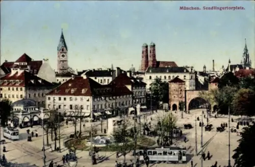 Ak Sendling München, Straßenbahn, Fußgänger, Park mit Brunnen, Torbogen, Pferdekutschen, Turmspit