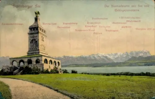 Ak Starnberg am Starnberger See Oberbayern, Bismarckturm, See, Bergkette mit Gipfelnamen, geschwu