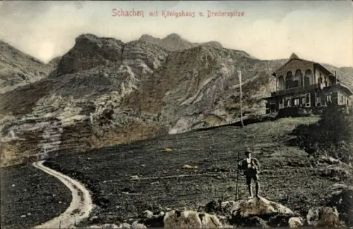 Ak Garmisch Partenkirchen in Oberbayern, Jagdschloss Schachen, Königshaus, Dreitorspitze