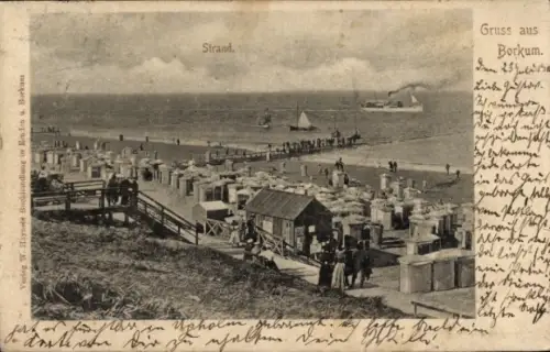 Ak Nordseebad Borkum in Ostfriesland, Strand mit vielen Strandkörben, Steg mit Menschen, Segelboo