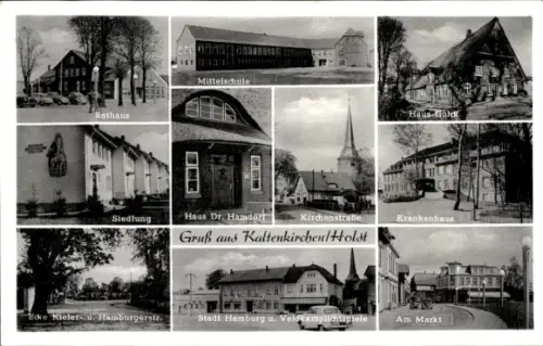 Ak Kaltenkirchen in Holstein, Rathaus, Mittelschule, Krankenhaus, Siedlung, Haus Dr. Hamdorf