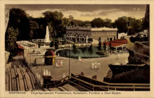 Ak Nordstadt Dortmund im Ruhrgebiet, Fredenbaum Park, Holztribüne/Rodelbahn, Teich mit Fontäne, P