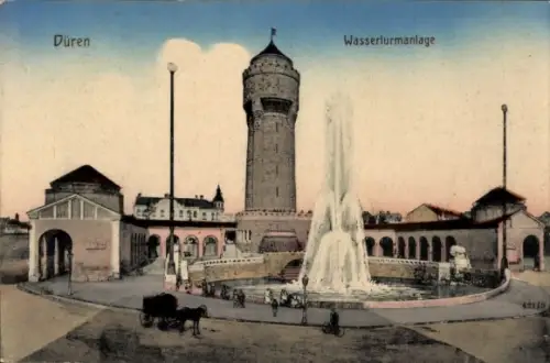 Ak Düren im Rheinland, Wasserturm, großer Springbrunnen, Becken, Arkaden, Pferdekutsche, Fußgänge