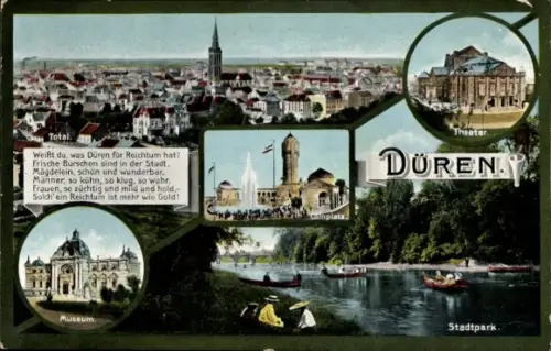 Ak Düren im Rheinland,  Stadtansicht, Theater, Stadtpark, Museum, Gedicht über Düren