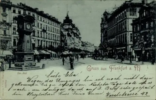 Ak Frankfurt am Main, Standuhr, Passanten, Straßencafés mit Schirmen, Grußtext gedruckt, Handschr