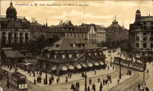 Ak Frankfurt am Main, Café Hauptwache, Blick in die Zeil, Straßenbahn