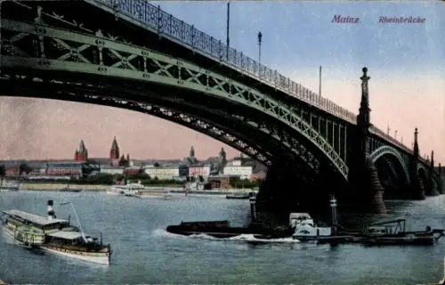 Ak Mainz am Rhein, Rheinbrücke, Schiffe
