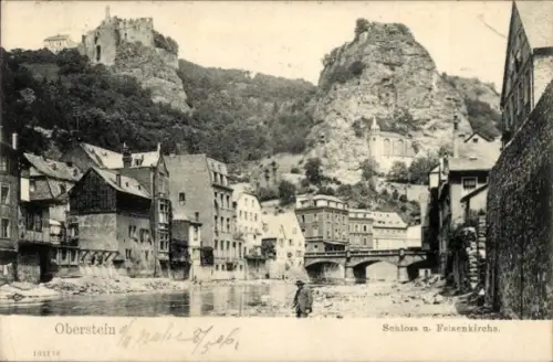 Ak Idar Oberstein an der Nahe, Fluss mit Häuserzeile, Brücke, Felsklippen mit Burg und Kirche, Pe