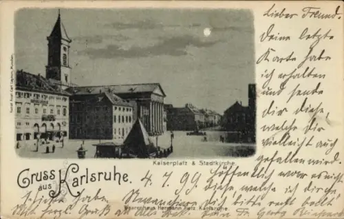 Mondschein Ak Karlsruhe in Baden, Kaiserplatz, Stadtkirche