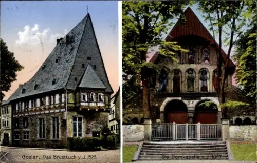 Ak Goslar am Harz, Zweigeteilte Ansicht, steiles Fachwerkgebäude mit Erker, Kapelle mit Rundbögen