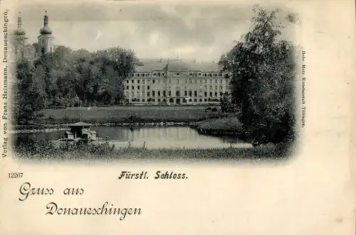 Ak Donaueschingen im Schwarzwald, Fürstl. Schloss am Ufer, Teich mit Plattform, Bäume/Park, Kirch