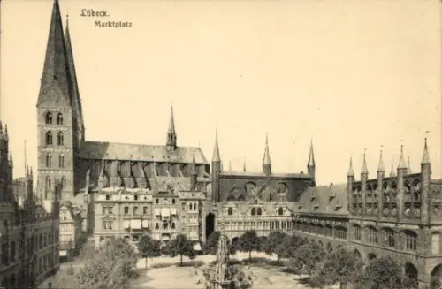 Ak Lübeck, Blick auf den Marktplatz mit Kirche, Brunnen