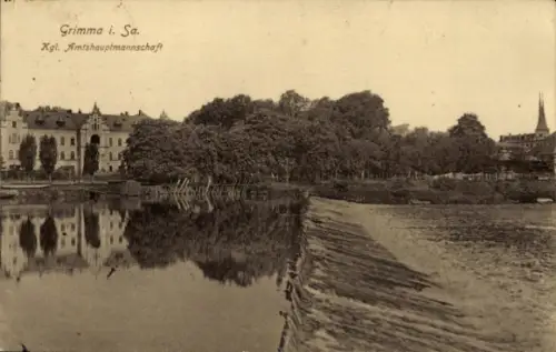 Ak Grimma in Sachsen, Flusswehr, Wasser mit Spiegelung, Uferbäume, Häuserreihe links, Kirchturm r