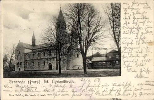 Ak Gernrode Quedlinburg im Harz, Kirche mit Turm, kahle Bäume vorne, Nebengebäude mit Schild Stuf