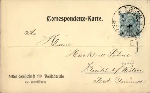 Ak Brno Brünn Südmähren, Korrespondenzkarte mit gestempelter Briefmarke, handschriftlicher Empfän