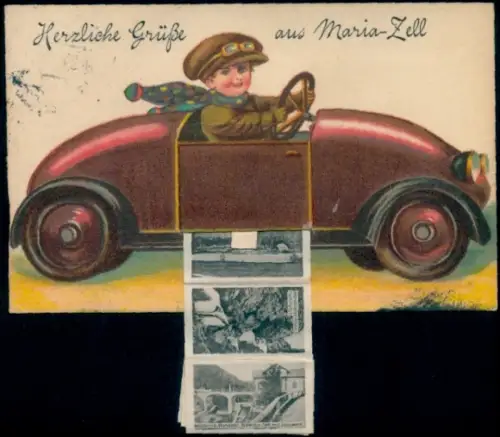 Leporello Ak Mariazell Steiermark, Gesamtansicht, Junge im Auto