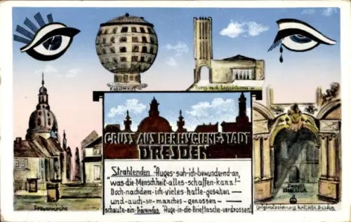 Ak Dresden, Gruß aus der Hygienestadt, Frauenkirche, Kugelhaus, Zwinger Kronentor