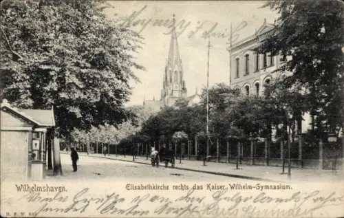 Ak Wilhelmshaven an der Nordsee, Elisabethkirche, rechts das Kaiser Wilhelm-Gymnasium