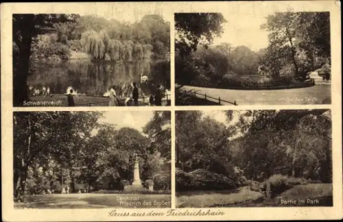 Ak Berlin Friedrichshain, Schwanenteich, Großer Teich, Denkmal Friedrich des Großen, Park