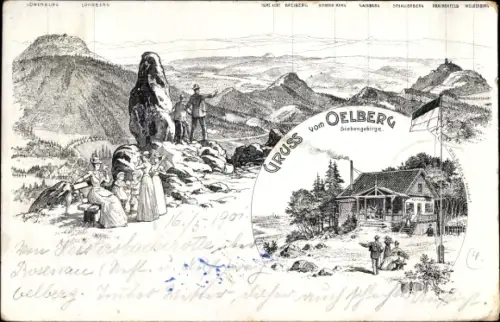 Litho Königswinter am Rhein, Ölberg im Siebengebirge, Löwenburg, Lohrberg