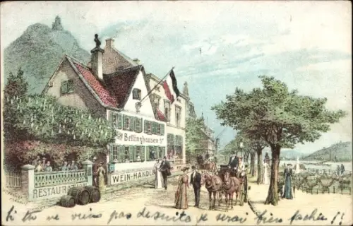 Litho Königswinter am Rhein, Weinhandlung und Restauration Bellinghausen, Kutsche