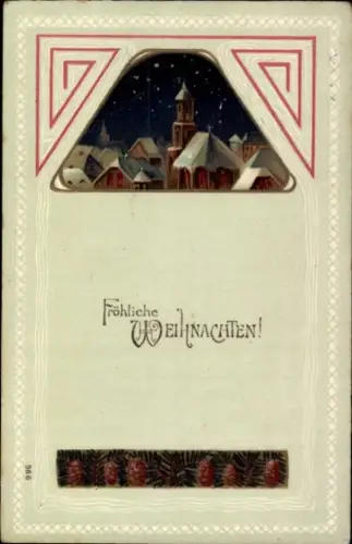 Präge Passepartout Ak Frohe Weihnachten, Ort bei Nacht