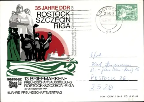 Ak Rostock, Briefmarken Freundschaftsausstellung Rostock Szczecin Riga 1984, 35 Jahre DDR