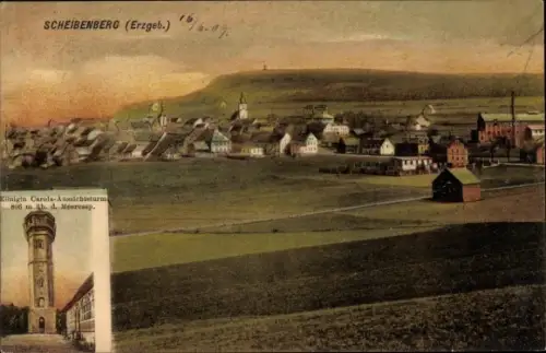 Ak Scheibenberg im Erzgebirge Sachsen, Totalansicht, Königin Carola Aussichtsturm