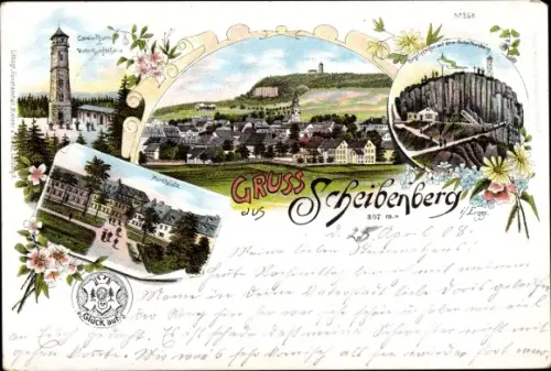 Litho Scheibenberg Sachsen, Carola Turm, Unterkunftshaus, Marktplatz, Orgelpfeifen