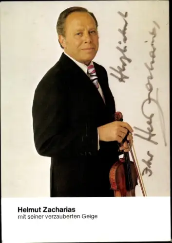 Autogrammkarte Dirigent, Komponist und Violinist Helmut Zacharias, Portrait mit Geige, Autogramm