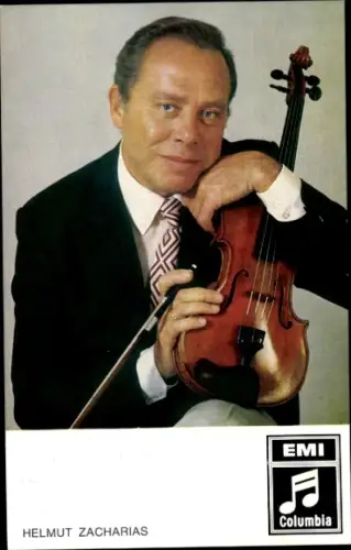 Autogrammkarte Dirigent, Komponist und Violinist Helmut Zacharias, Portrait mit Geige, Autogramm
