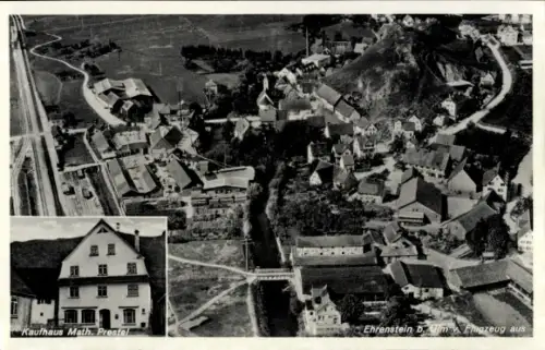 Ak Ehrenstein Blaustein in Württemberg, Fliegeraufnahme, Bahnhof, Bahnhofs-Restauration