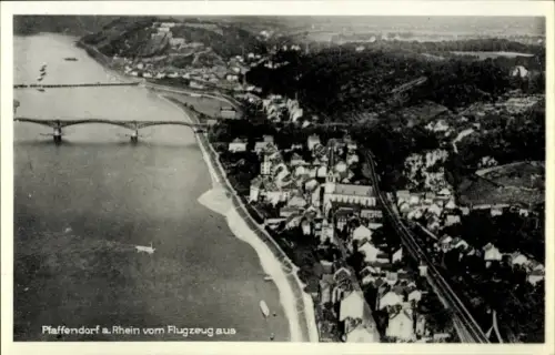 Ak Pfaffendorf Koblenz am Rhein, Luftaufnahme  Rhein, Häuser, Brücke, Boot