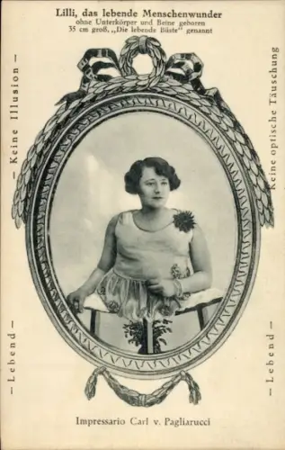 Passepartout Ak Lilli, das lebende Menschenwunder, ohne Unterkörper und Beine geboren