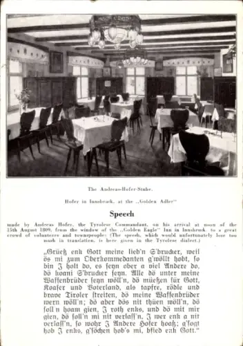 Ak Innsbruck in Tirol, Hotel zum Goldenen Adler, Andreas Hofer Stube, Rede von Andreas Hofer