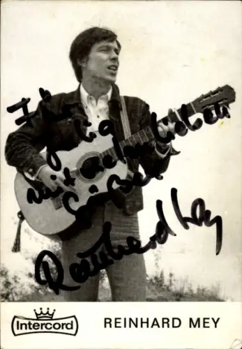 Autogrammkarte Reinhard Mey, Portrait mit Gitarre, Autogramm