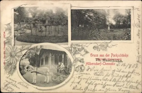 Ak Hilbersdorf Chemnitz in Sachsen, Parkschänke Richard Hahnemann, Th. Haselhuhn, Ponykutsche