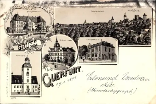 Litho Querfurt in Sachsen Anhalt, Bürgerschule, Rathaus, Postgebäude, Ständehaus