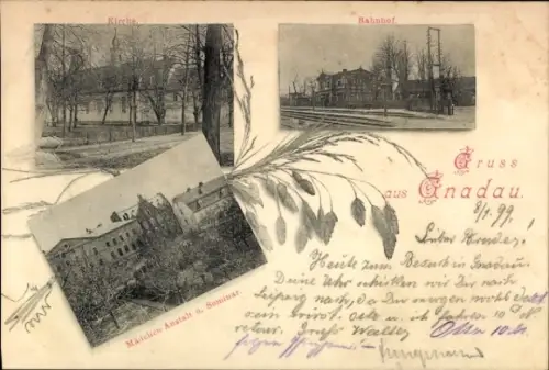 Ak Gnadau Barby an der Elbe, Kirche, Bahnhof, Mädchen-Anstalt und Seminar