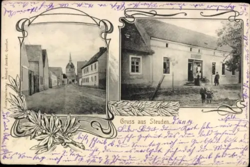 Ak Steuden Teutschenthal im Saalekreis, Straßenpartie, Kirche, Geschäftshaus