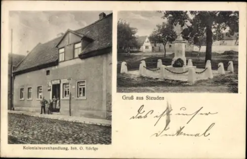 Ak Steuden Teutschenthal im Saalekreis, Kolonialwarenhandlung Inh. O. Körtge, Kriegerdenkmal